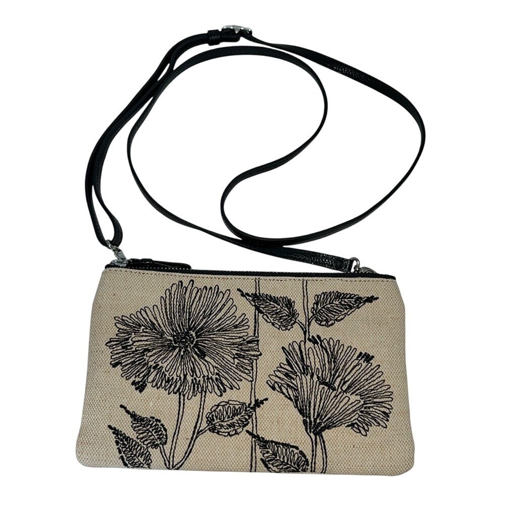 Brighton Wild Garden Crossbody Women Small Natural Black Floral Embroidered NWOT